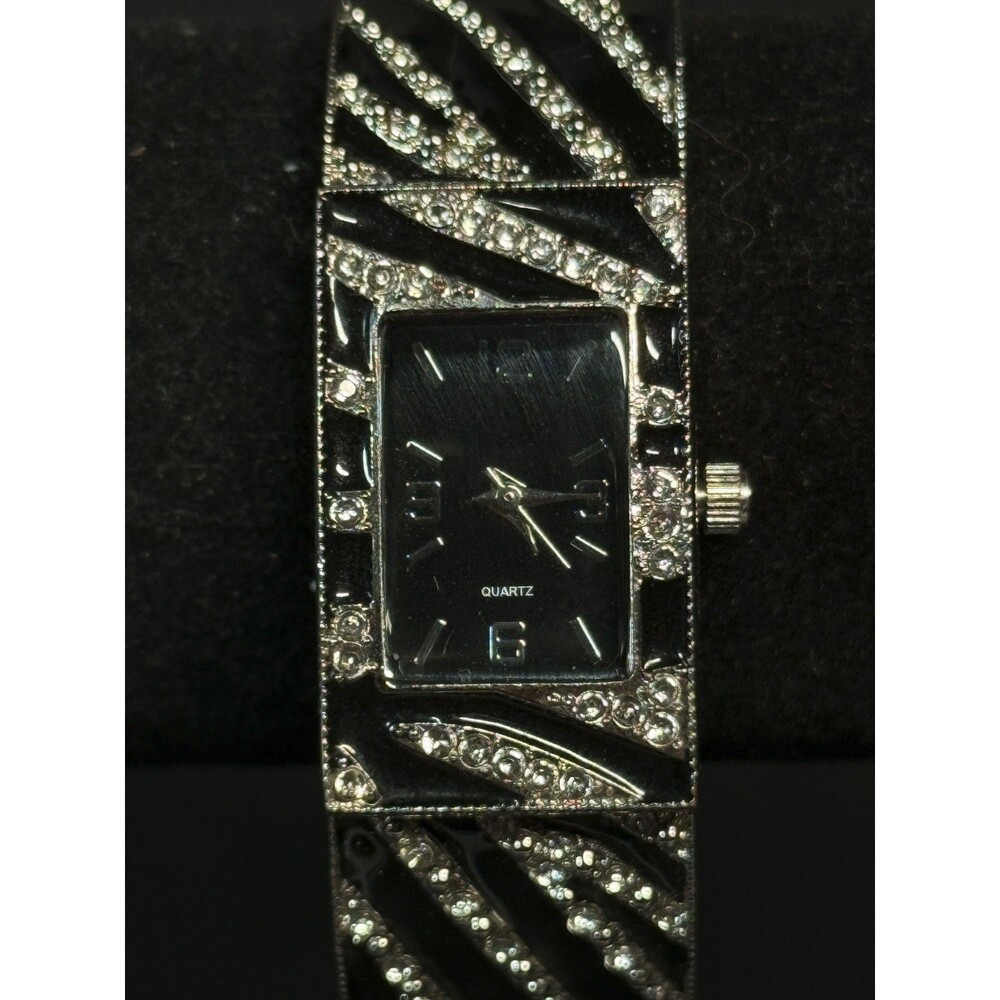 Crystal Black Enamel Cuff Watch Japan Movement Stainless Back